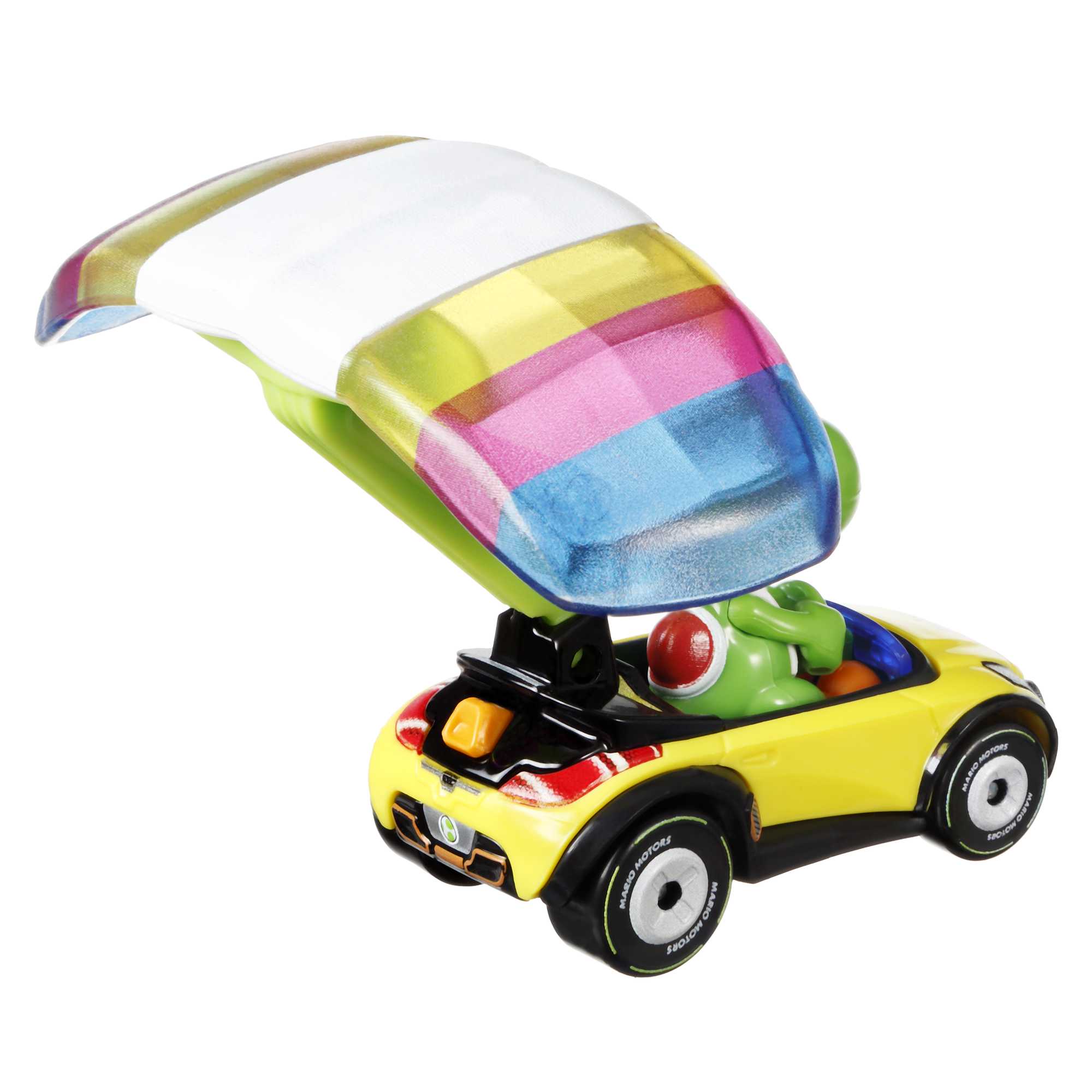 Hot Wheels Mario Kart Vehículo de Juguete Yoshi Sports Coupe con Paracaídas