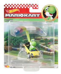 Hot Wheels Mario Kart Vehículo de Juguete Yoshi Sports Coupe con Paracaídas